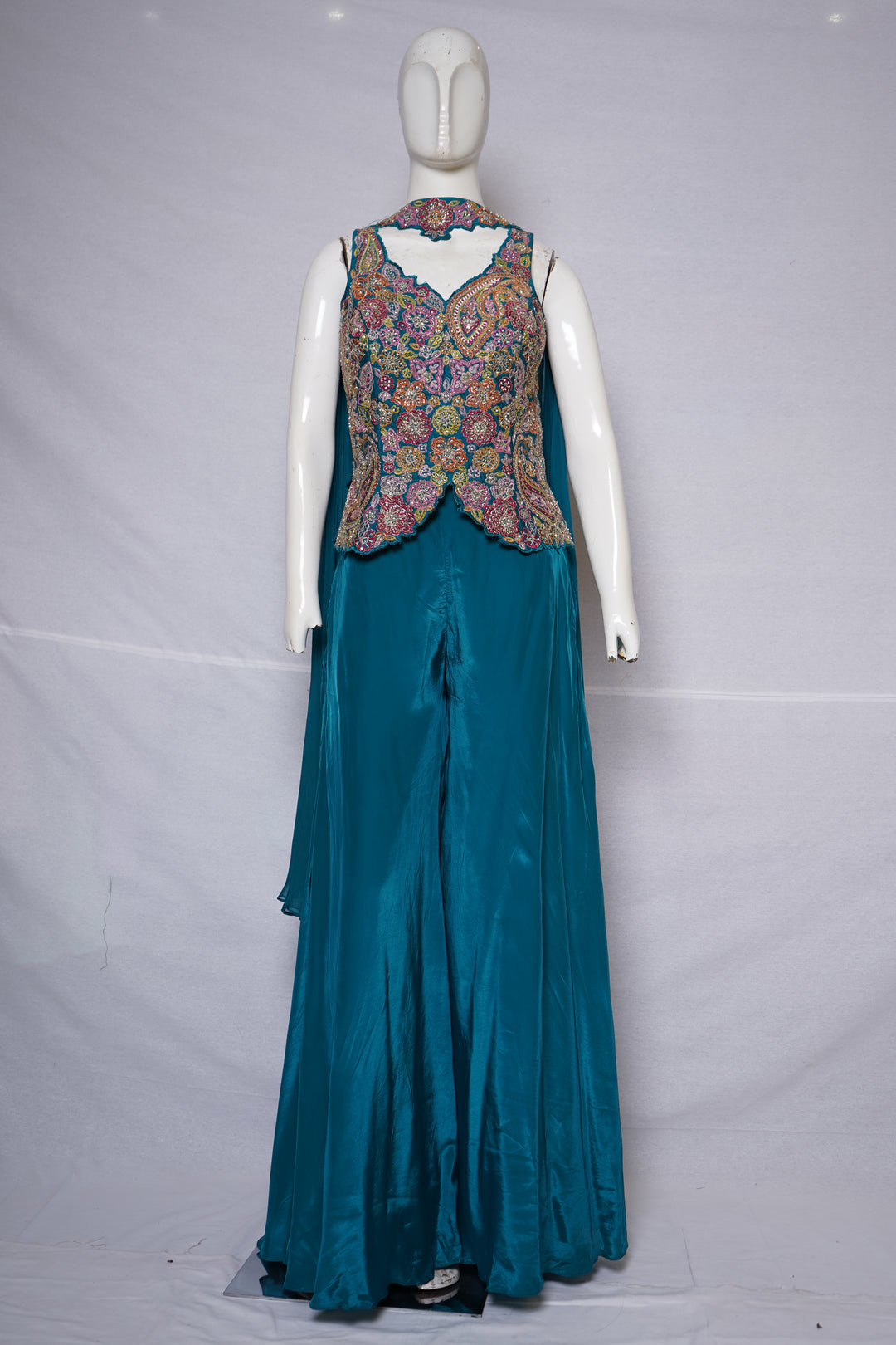 Teal Blue Kashmiri Embroidered Palazzo Set with Statement Choker Neckline