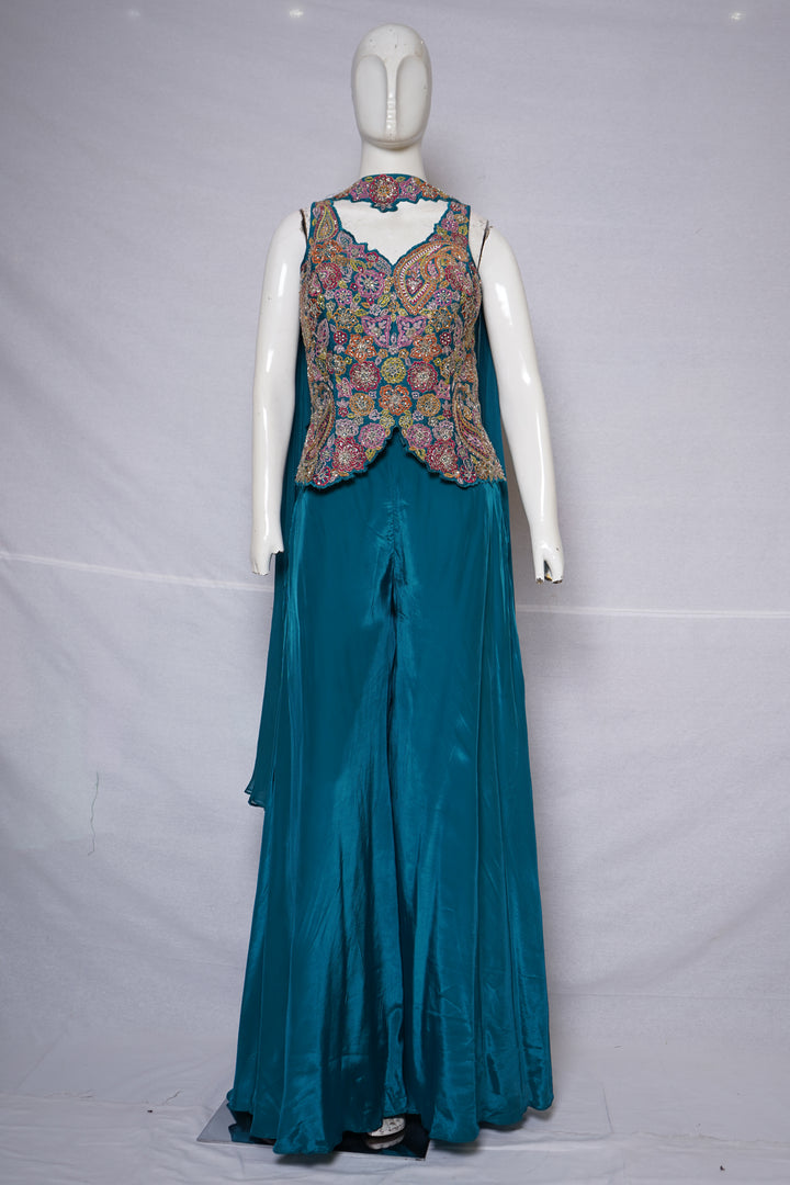 Teal Blue Kashmiri Embroidered Palazzo Set with Statement Choker Neckline