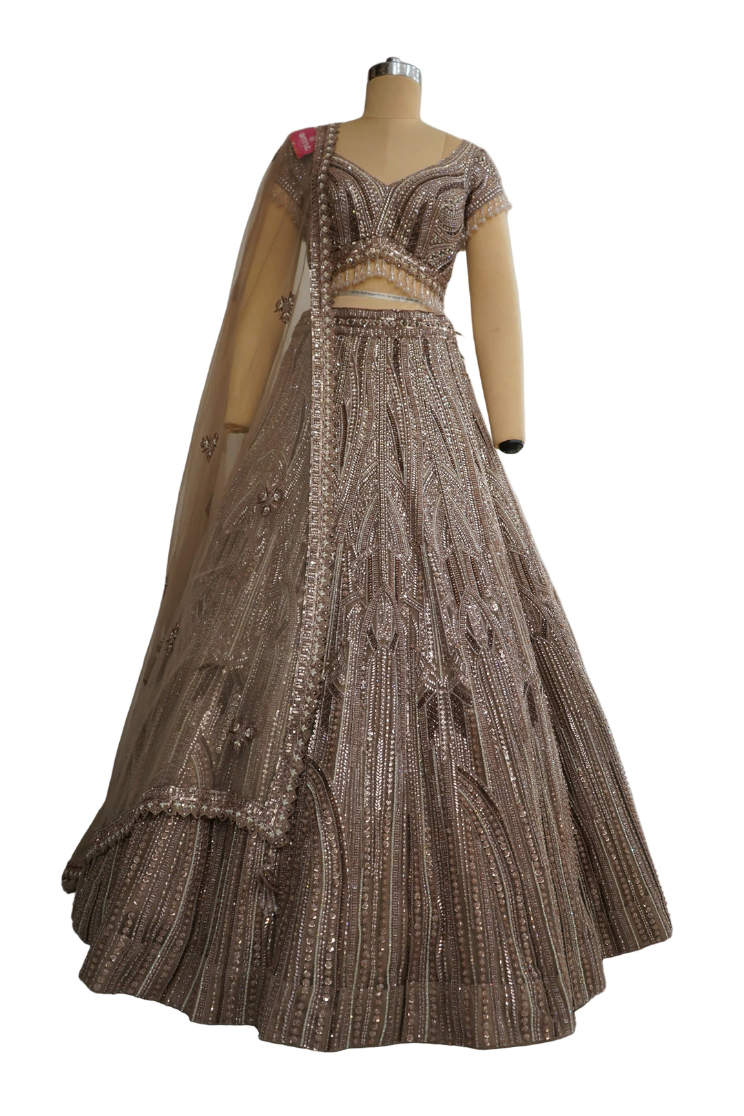 Mocha Brown Designer Lehenga Set with Sequins Embellished Blouse and Net Dupatta