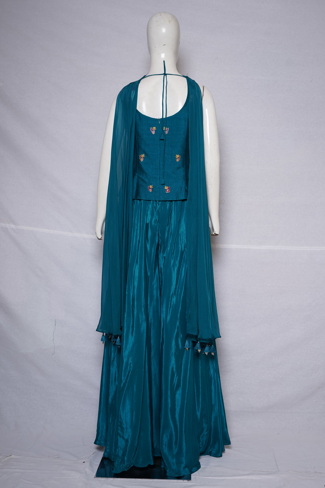 Teal Blue Kashmiri Embroidered Palazzo Set with Statement Choker Neckline