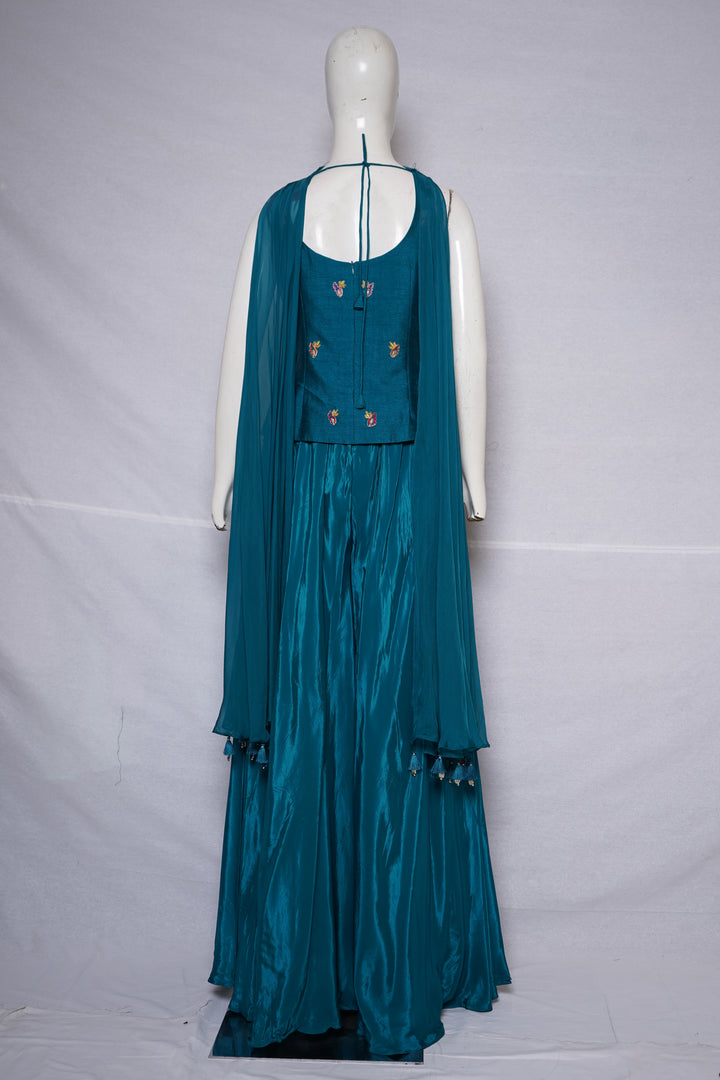 Teal Blue Kashmiri Embroidered Palazzo Set with Statement Choker Neckline