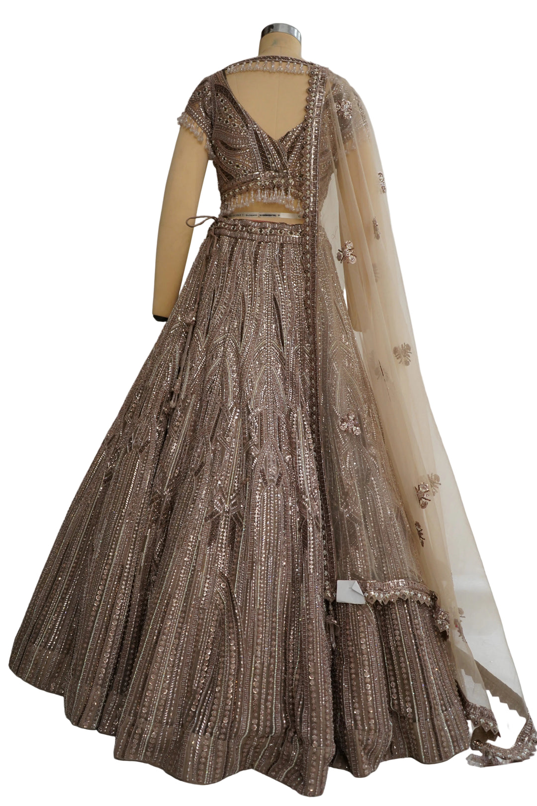 Mocha Brown Designer Lehenga Set with Sequins Embellished Blouse and Net Dupatta