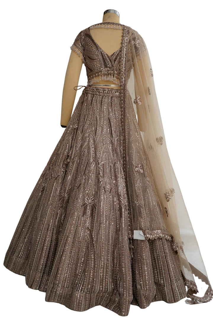 Mocha Brown Designer Lehenga Set with Sequins Embellished Blouse and Net Dupatta