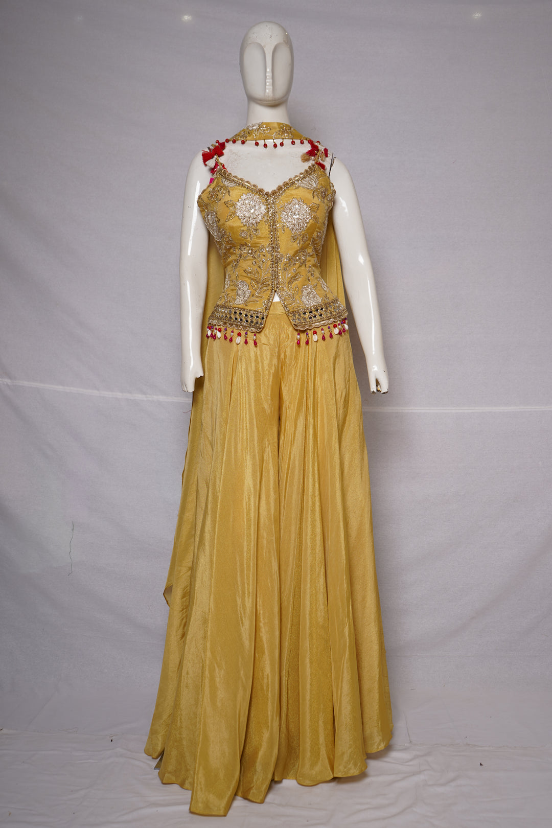 Sunshine Yellow Embroidered Palazzo Set with Tassel Choker Dupatta