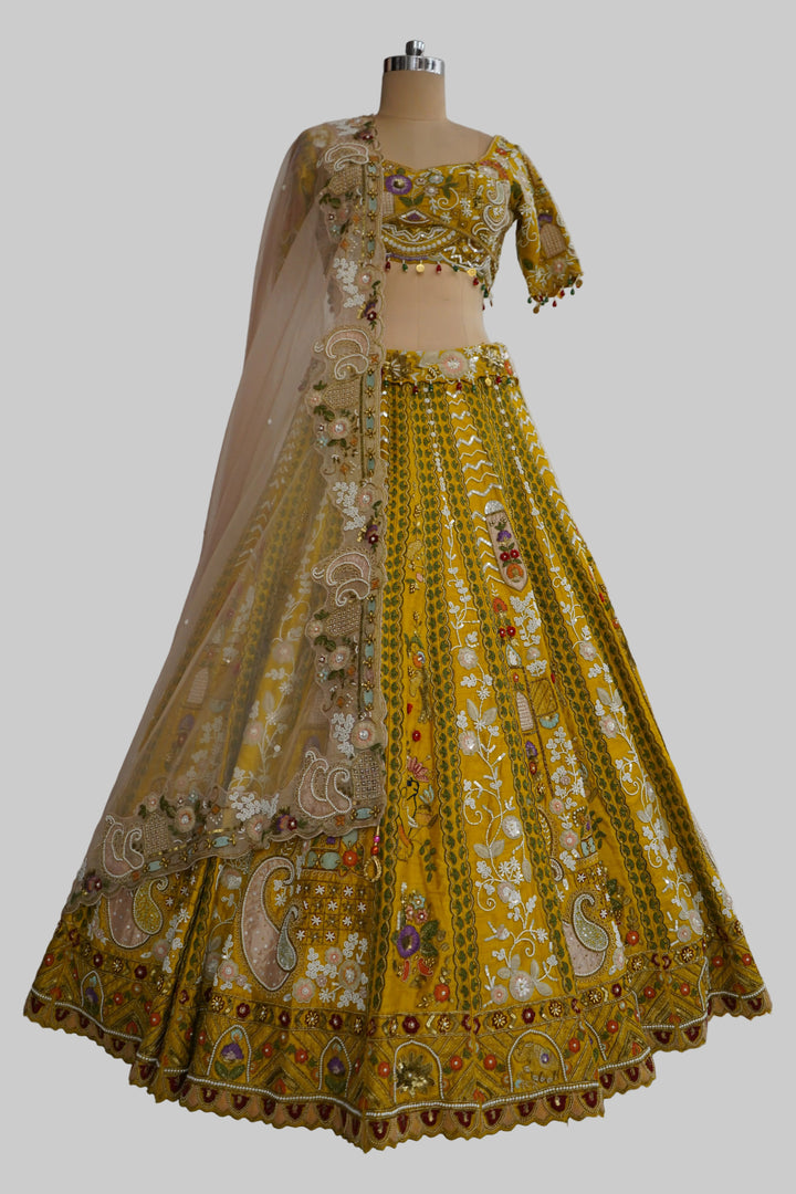 Mustard Yellow Designer Lehenga Set with Embroidered Blouse and Net Dupatta