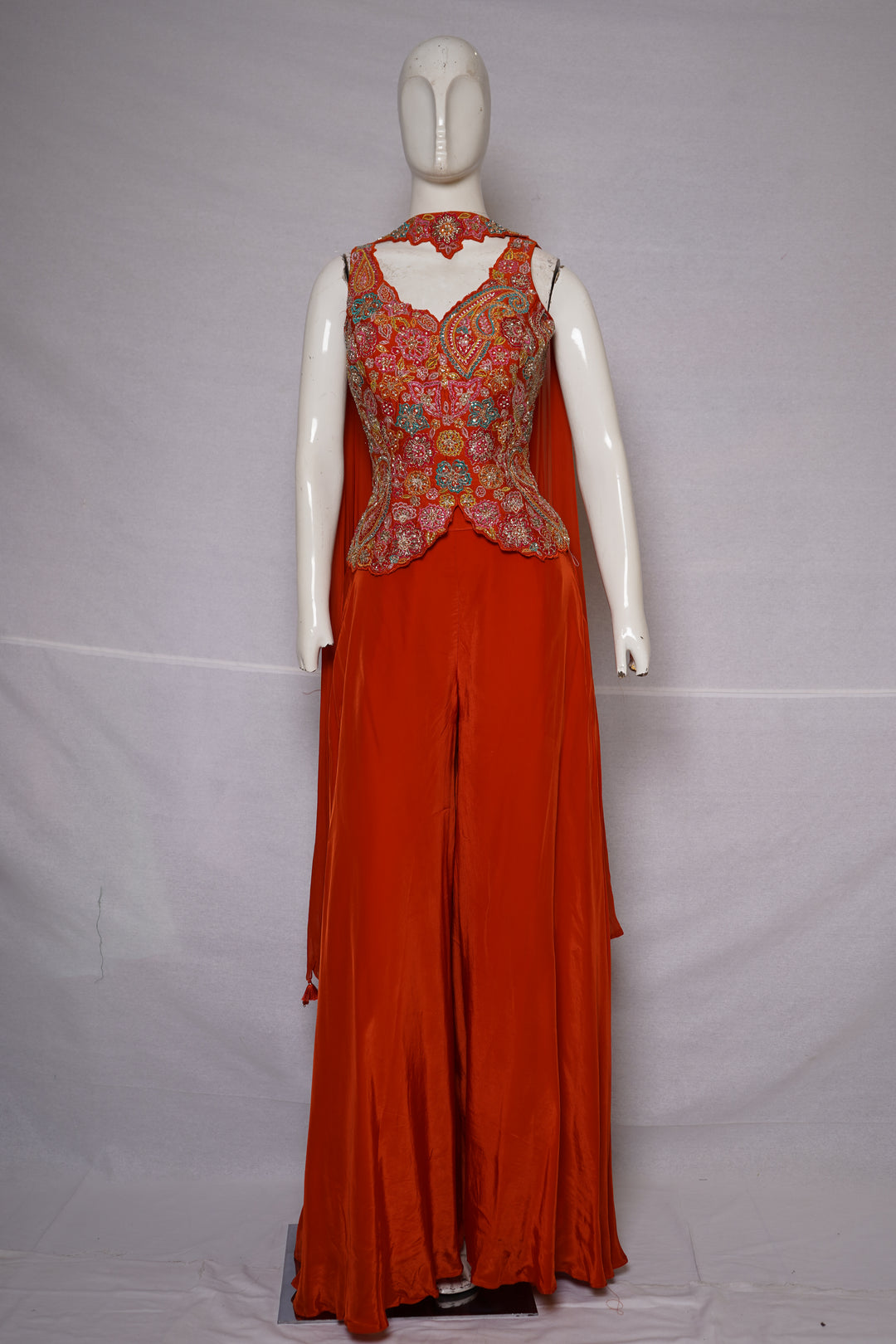 Burnt Orange Kashmiri Embroidered Palazzo Set with Designer Choker Neckline