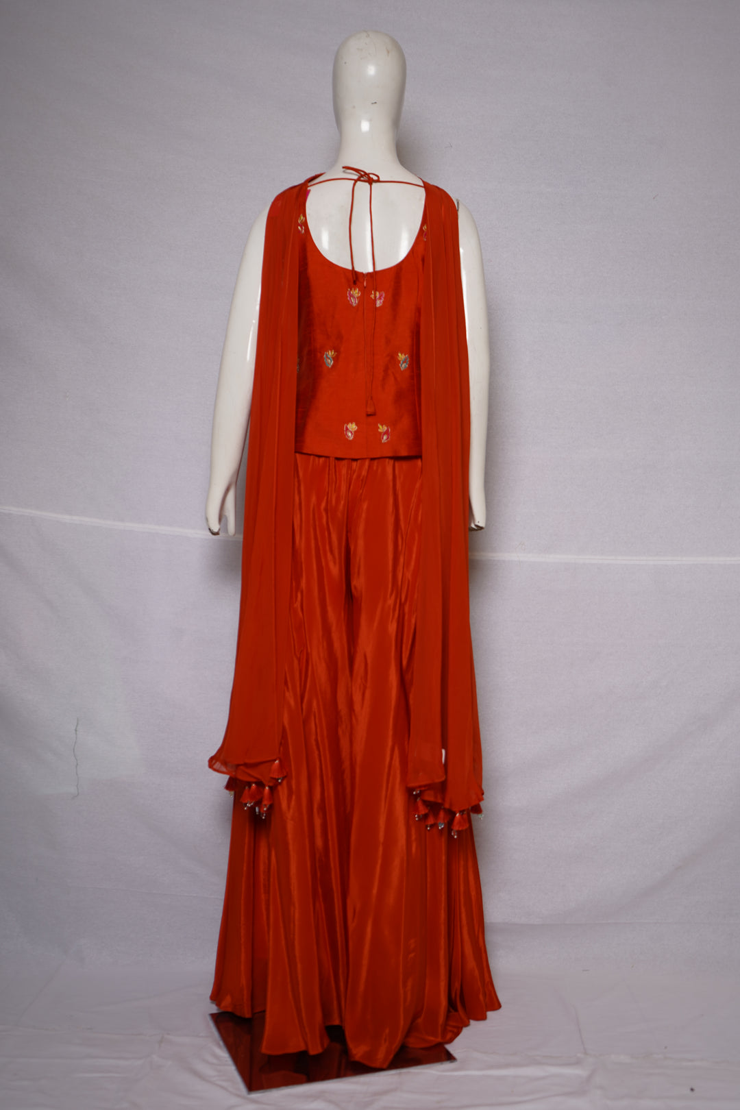 Burnt Orange Kashmiri Embroidered Palazzo Set with Designer Choker Neckline