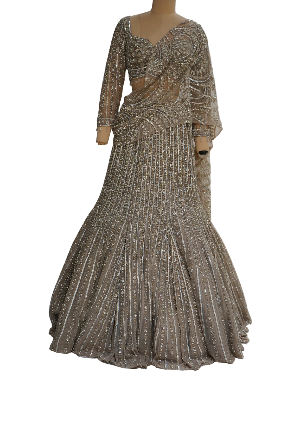 Antique Gold Mermaid Lehenga Set with Crystal Embellished Blouse and Net Dupatta