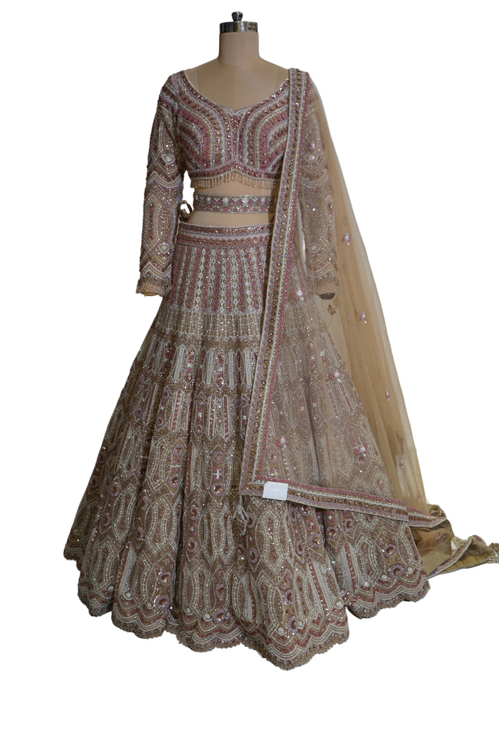 Champagne Beige Designer Lehenga Set with Intricate Embroidered Blouse and Net Dupatta