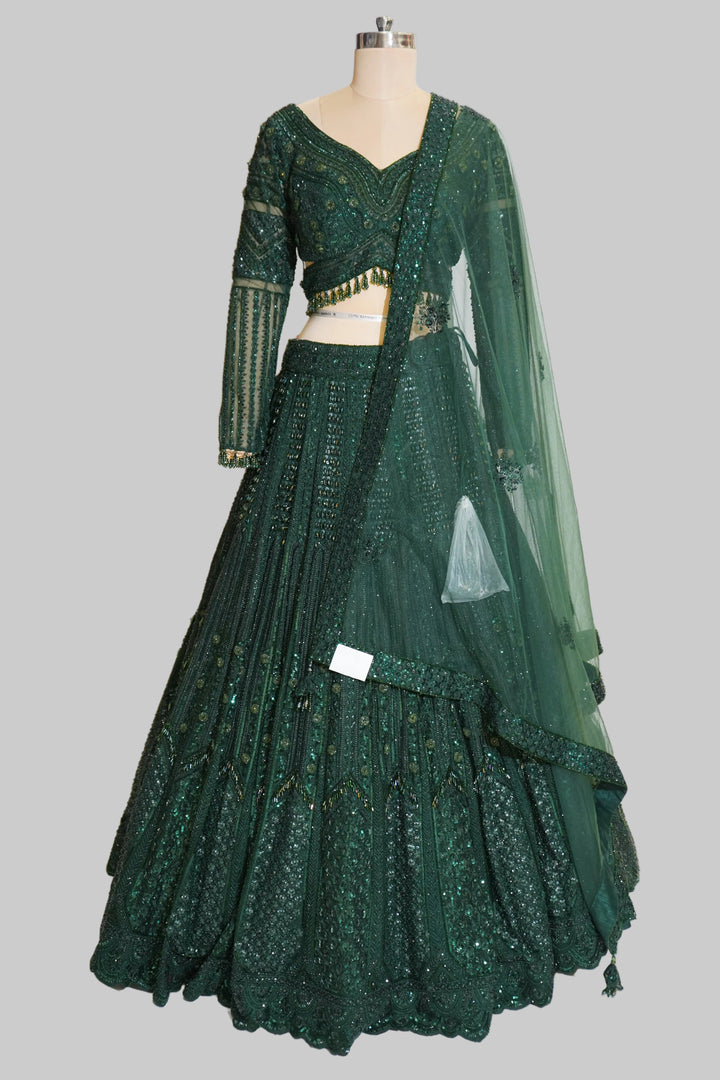 Emerald Green Designer Lehenga Set with Sequins Embellished Blouse and Net Dupatta