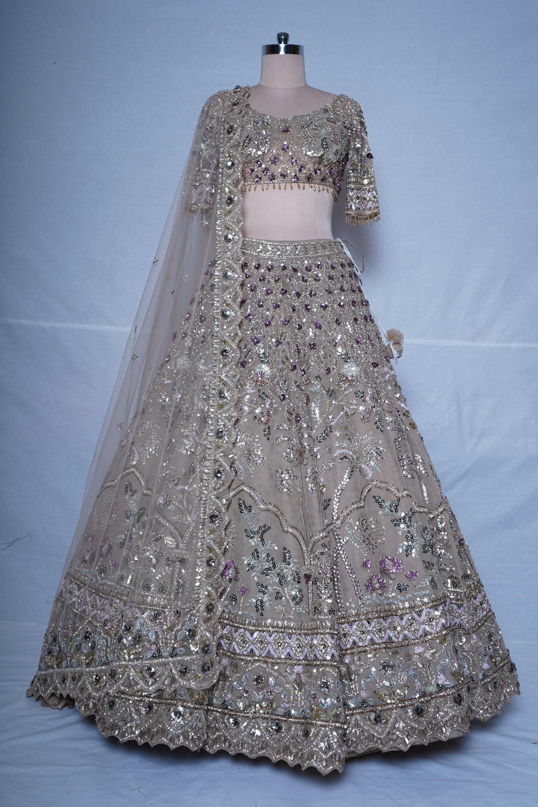 Dusty Mauve Embroidered Lehenga Set with Designer Blouse & Sheer Net Dupatta