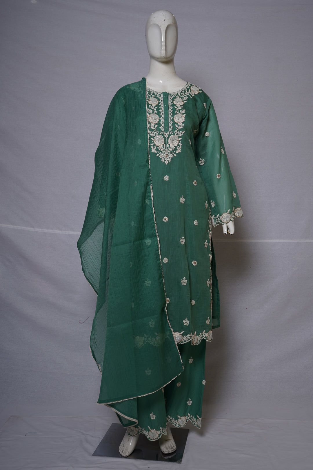 Sea Green Embroidered Kurta Palazzo Set with Dupatta