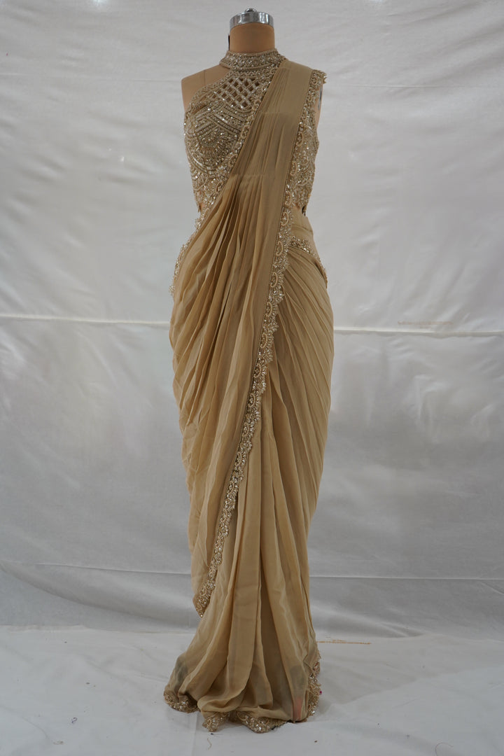Champagne Beige Ready to Wear Saree with Embellished Halter Blouse