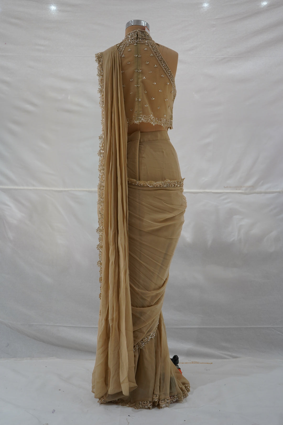 Champagne Beige Ready to Wear Saree with Embellished Halter Blouse