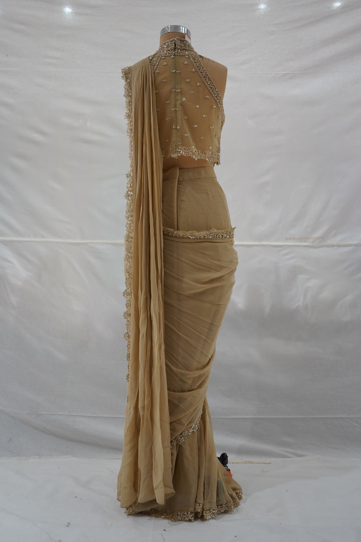 Champagne Beige Ready to Wear Saree with Embellished Halter Blouse