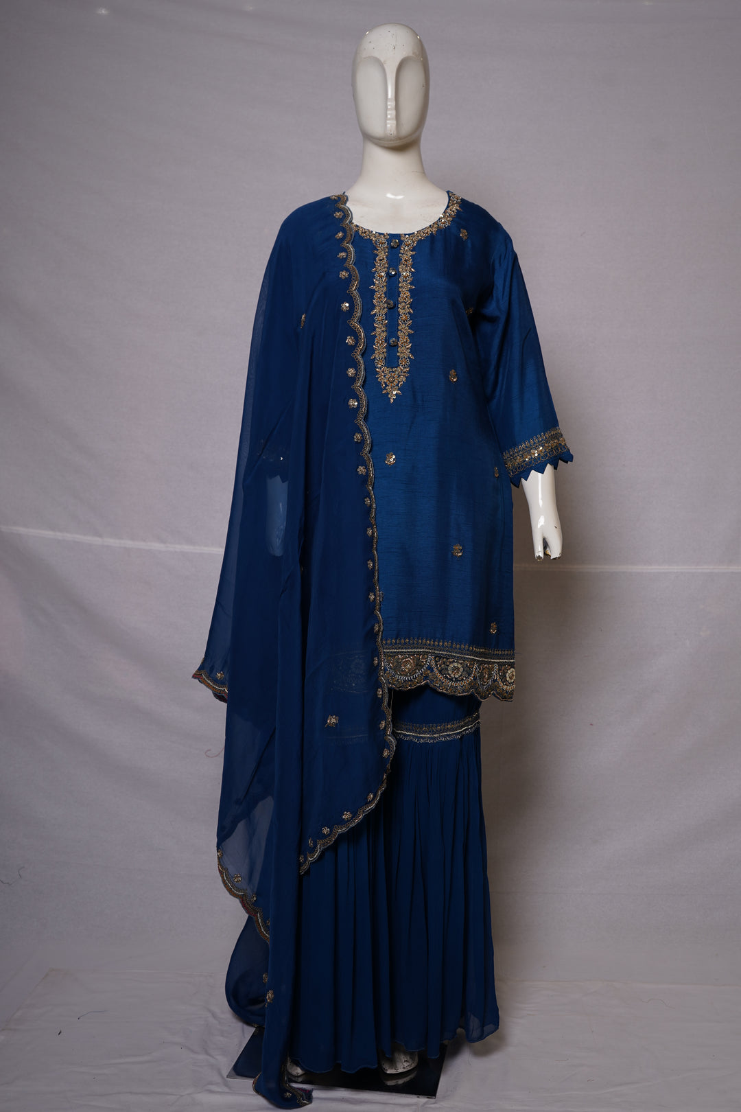 Royal Blue Embroidered Kurta Sharara Set with Dupatta