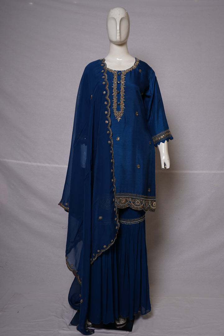 Royal Blue Embroidered Kurta Sharara Set with Dupatta