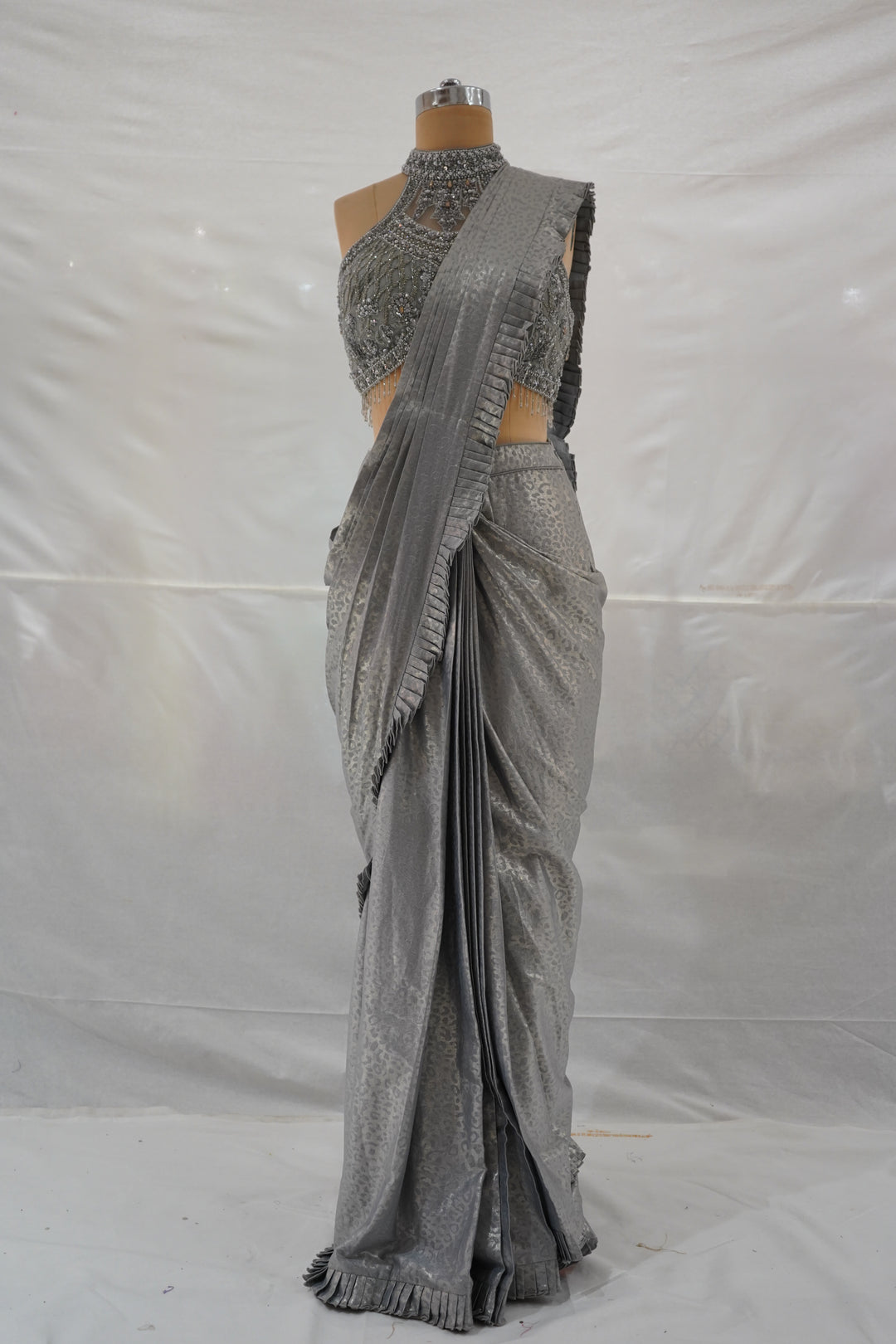 Steel Grey Ready to Wear Saree with Embellished Halter Blouse