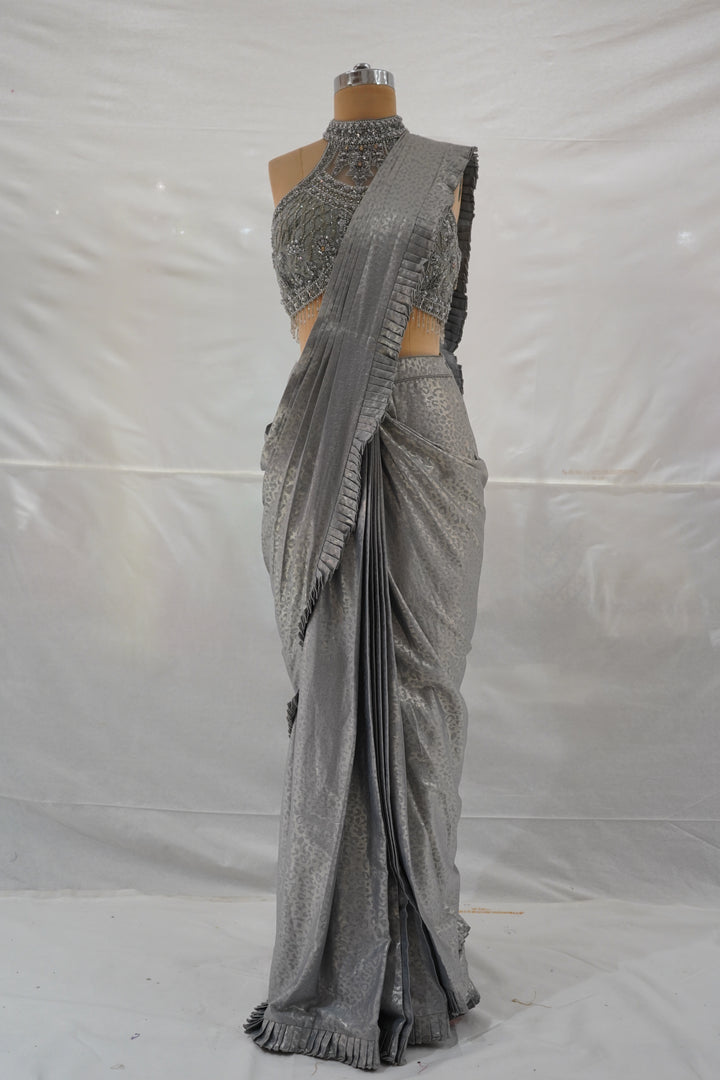 Steel Grey Ready to Wear Saree with Embellished Halter Blouse