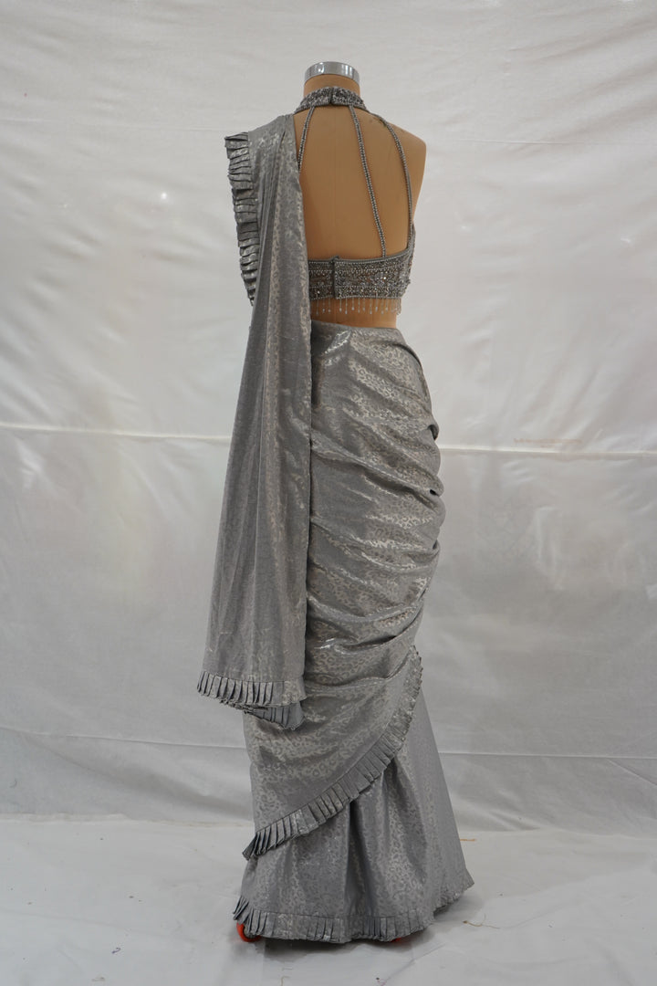 Steel Grey Ready to Wear Saree with Embellished Halter Blouse