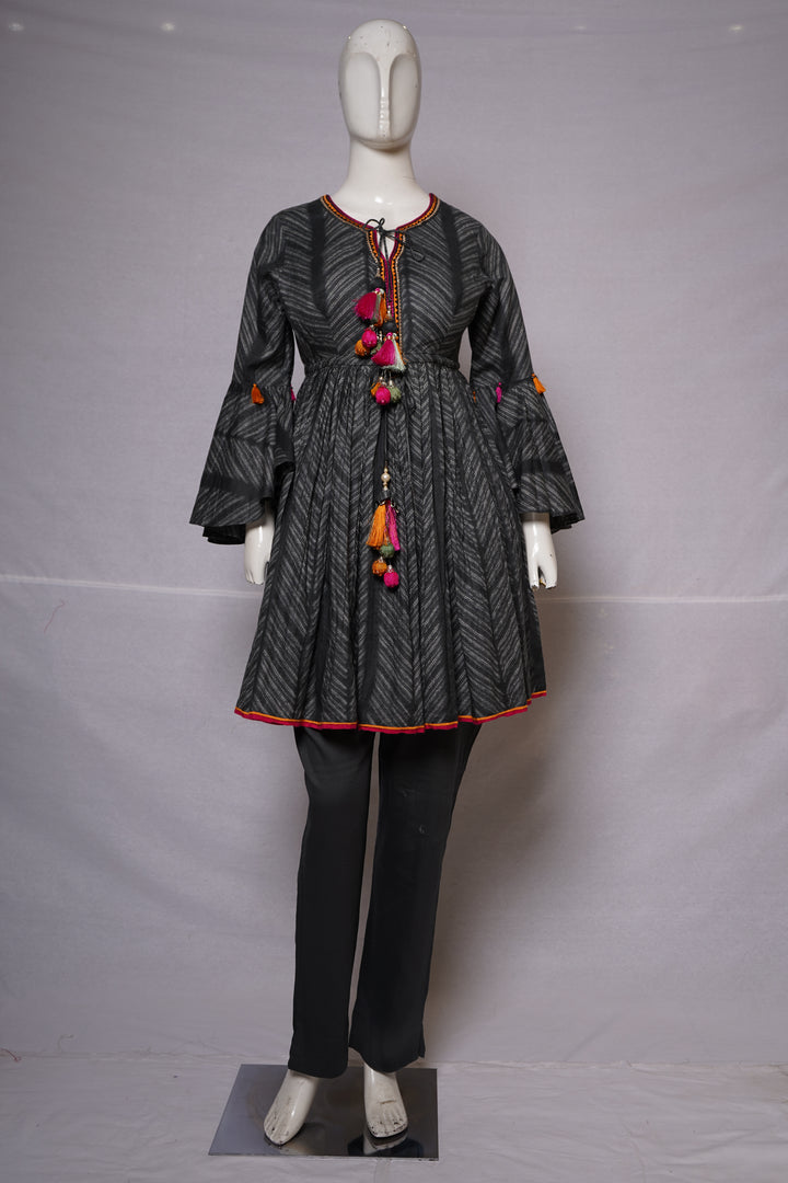 Charcoal Black Printed Peplum Kurti Set