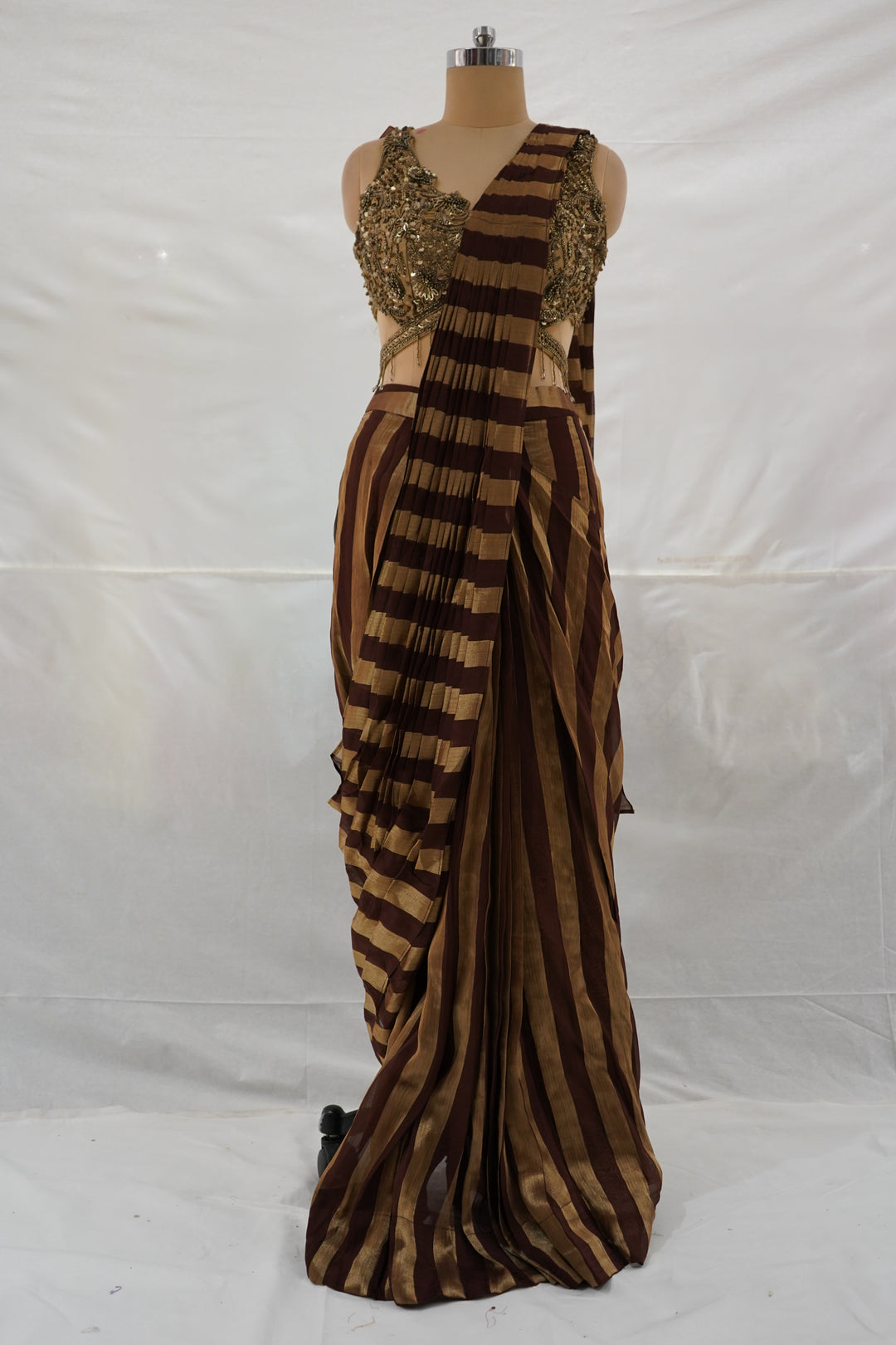 Wine Brown Ready to Wear Saree with Embellished Designer Blouse & Metallic Stripes