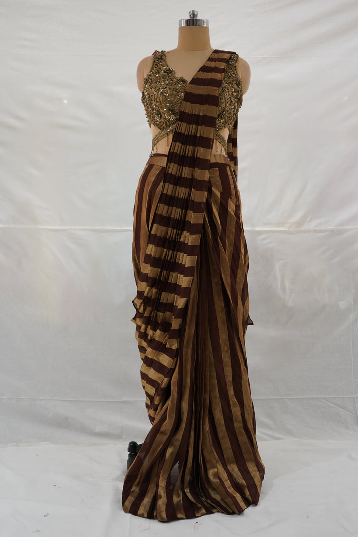 Wine Brown Ready to Wear Saree with Embellished Designer Blouse & Metallic Stripes