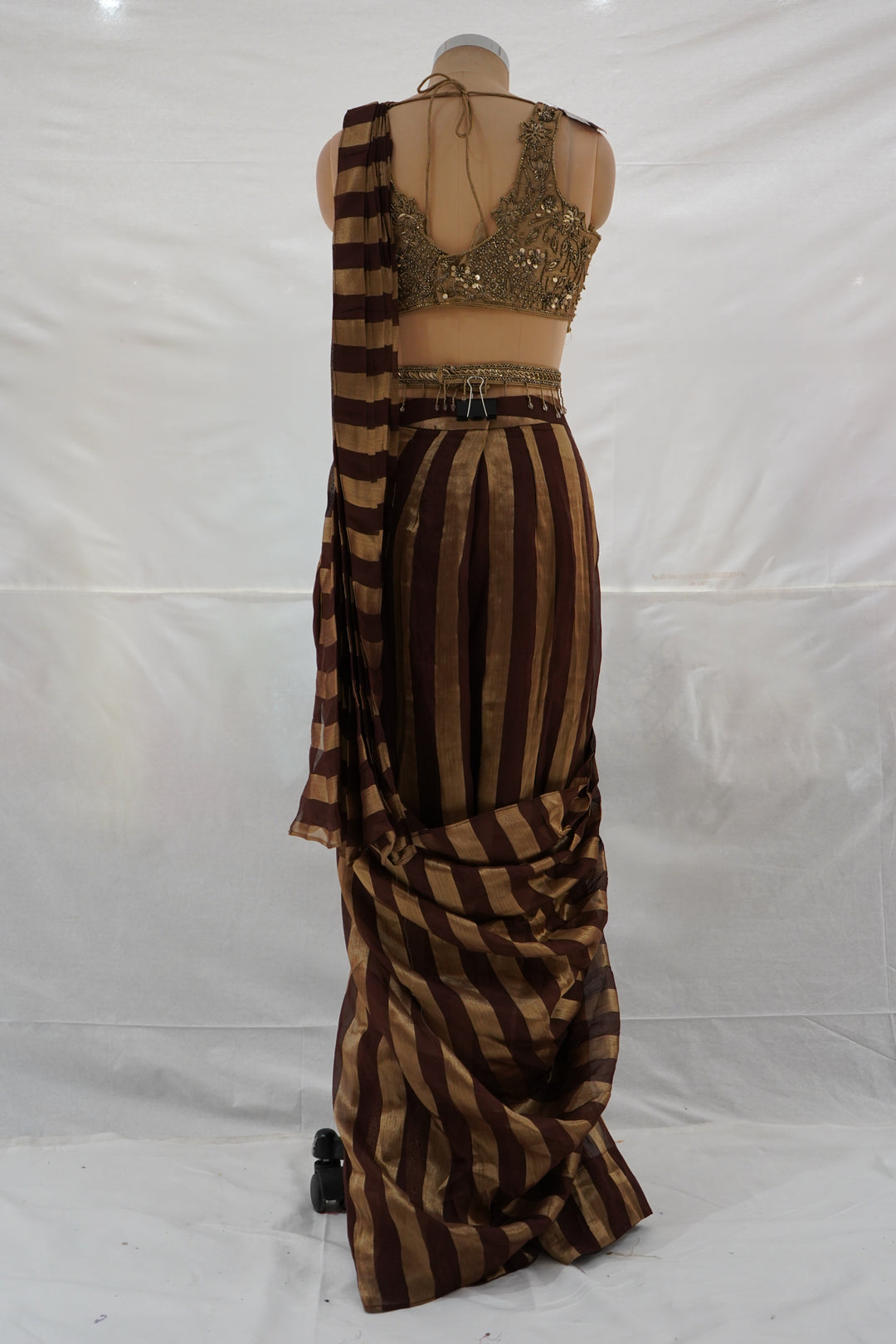 Wine Brown Ready to Wear Saree with Embellished Designer Blouse & Metallic Stripes