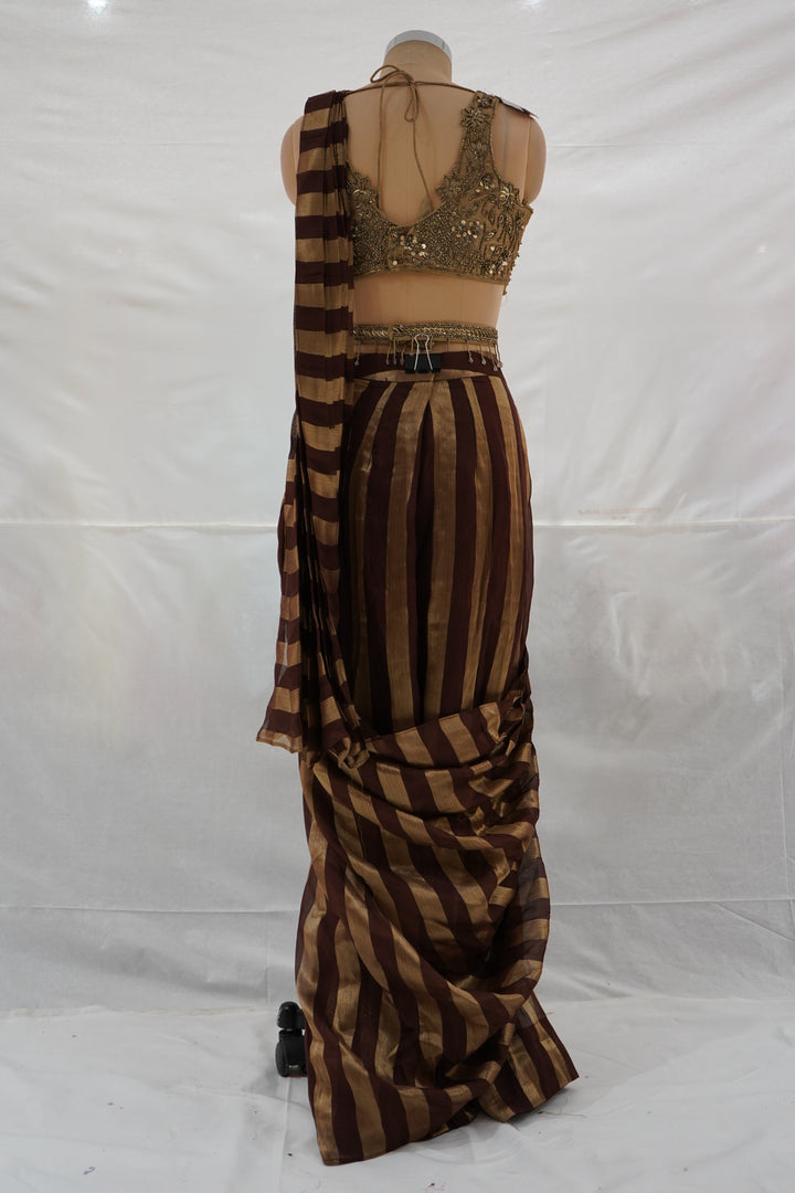 Wine Brown Ready to Wear Saree with Embellished Designer Blouse & Metallic Stripes