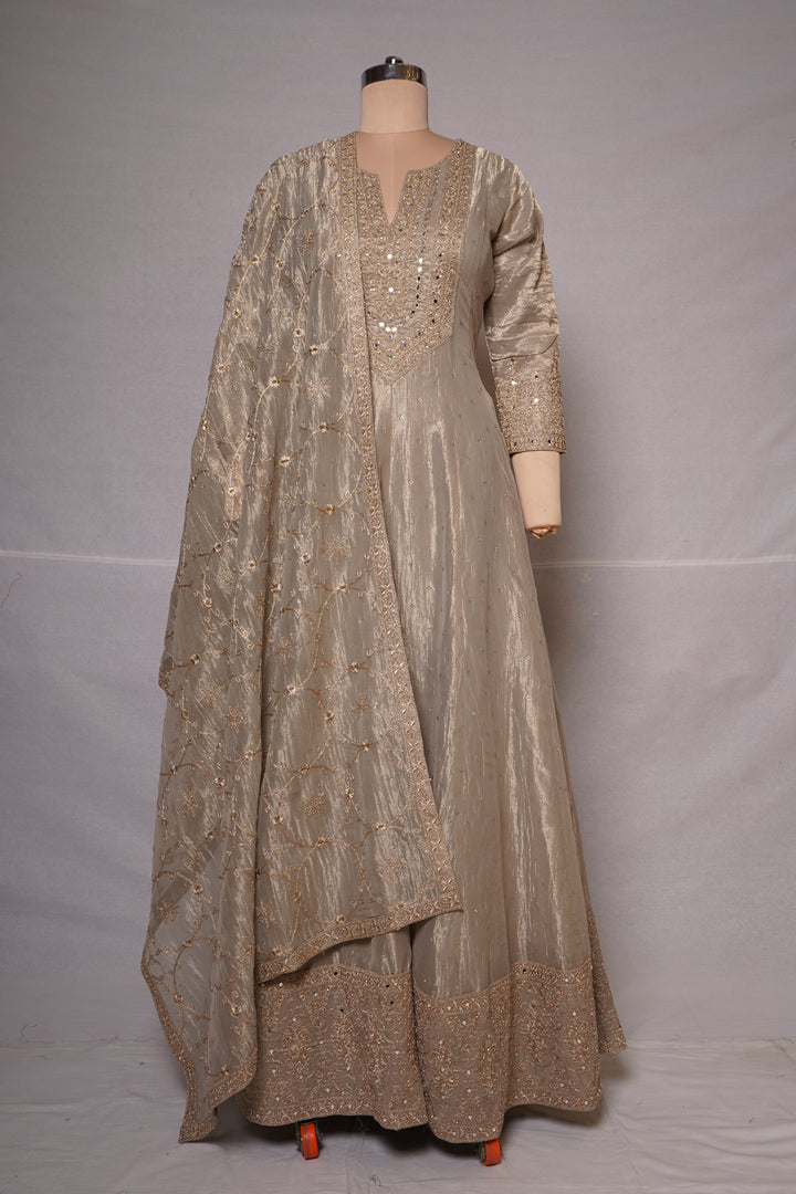 Champagne Beige Embroidered Anarkali Suit Set with Dupatta