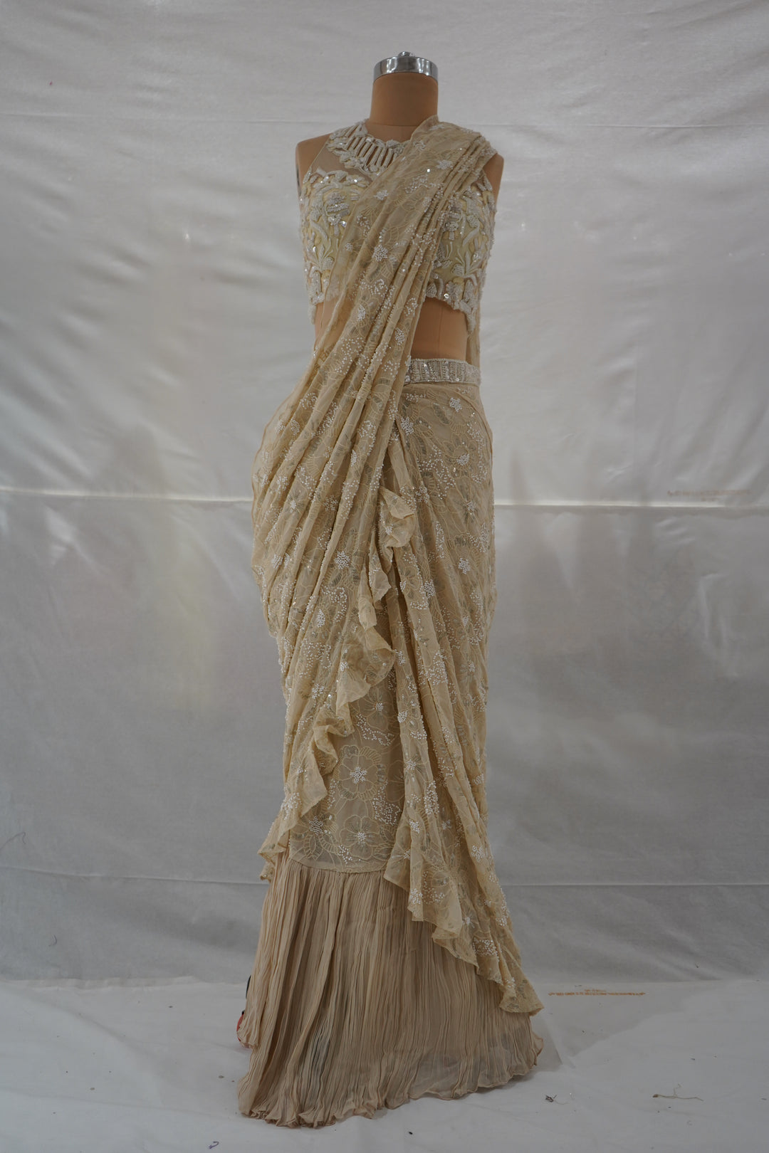 Champagne Beige Ready to Wear Saree with Embroidered Designer Blouse