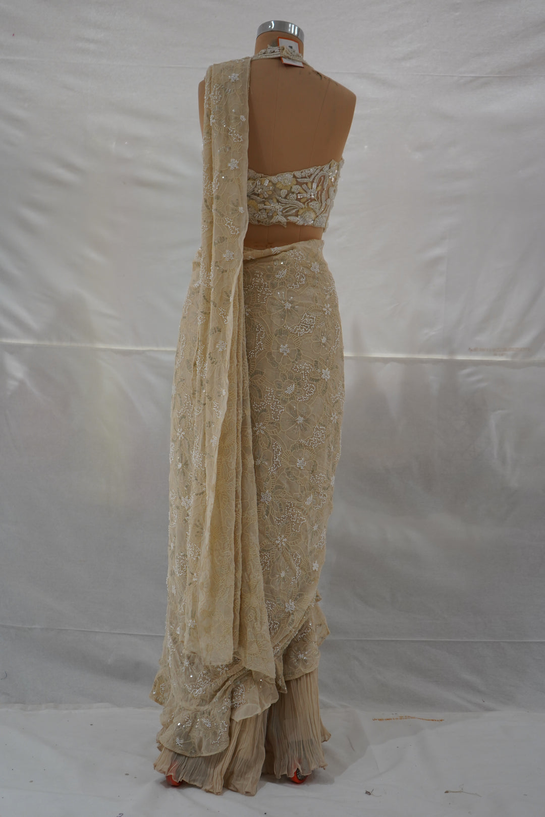 Champagne Beige Ready to Wear Saree with Embroidered Designer Blouse