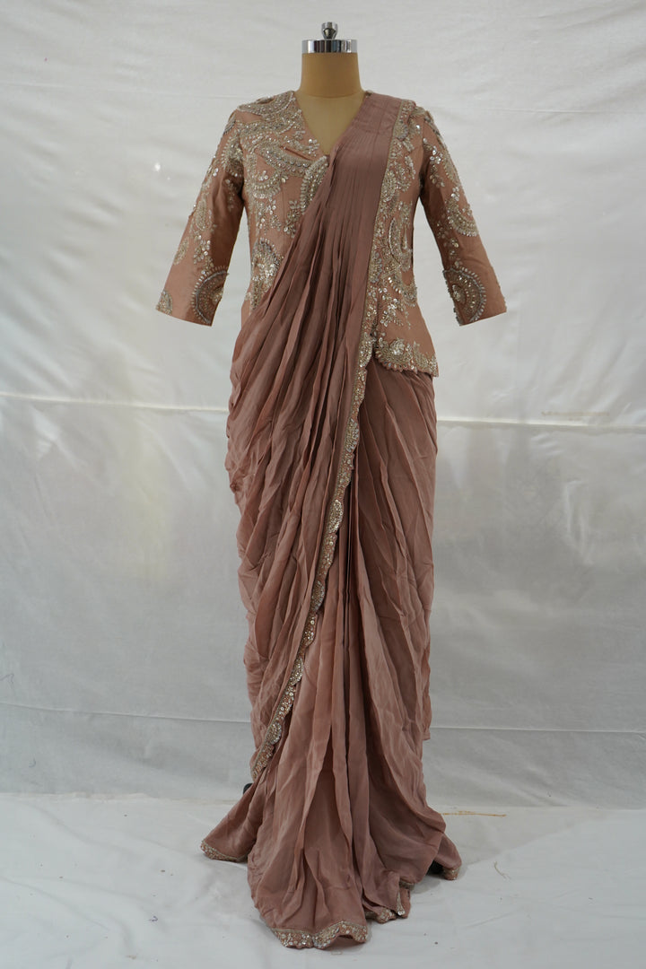 Dusty Rose Ready to Wear Saree with Embroidered Designer Blouse