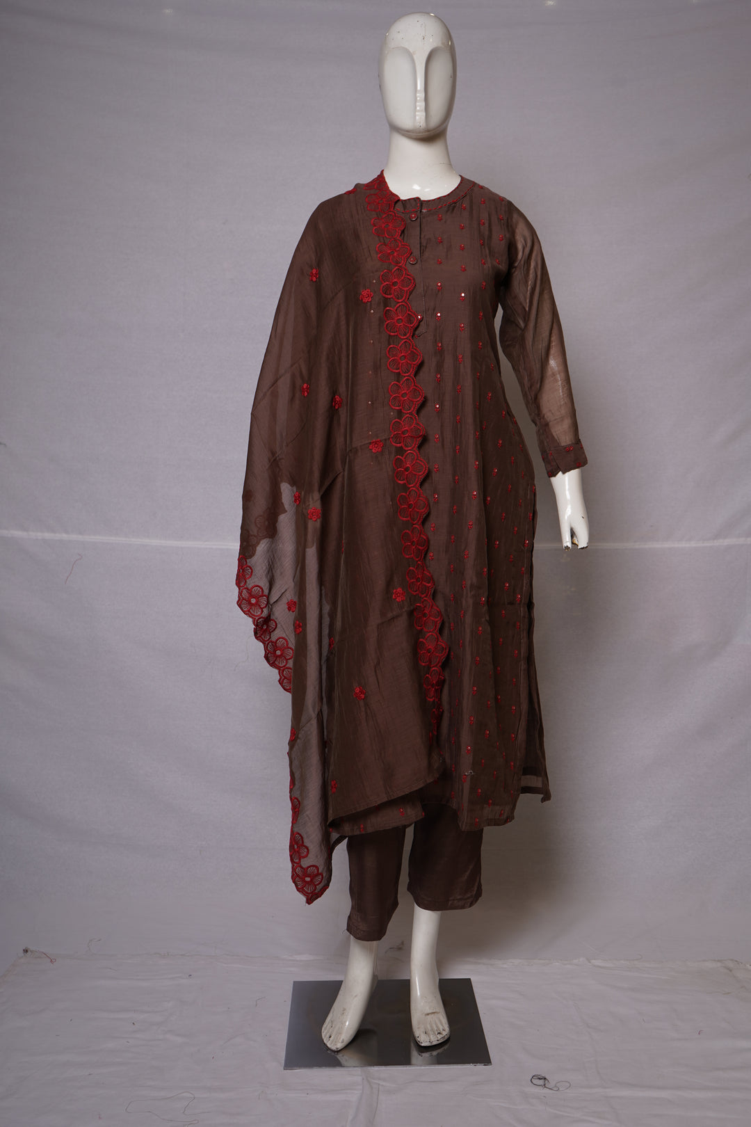 Coffee Brown Embroidered Kurta Pant Set with Dupatta