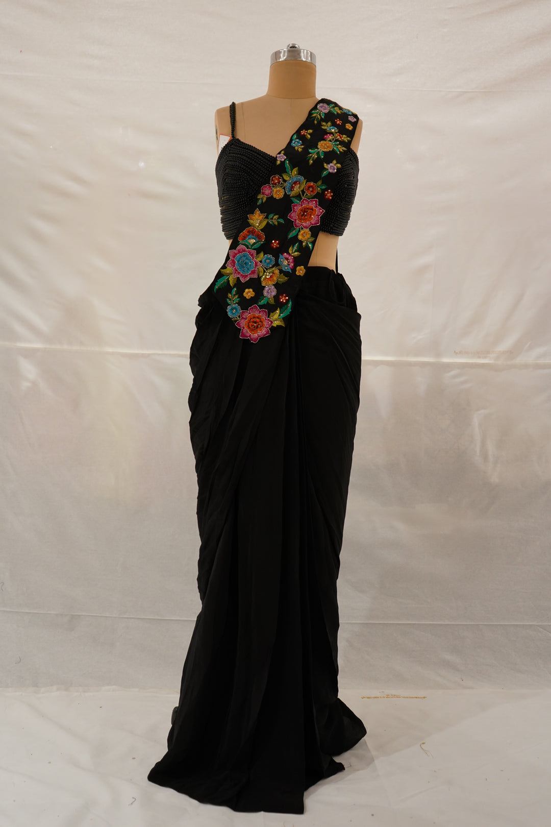 Black Ready to Wear Saree with Floral Embroidered Designer Border