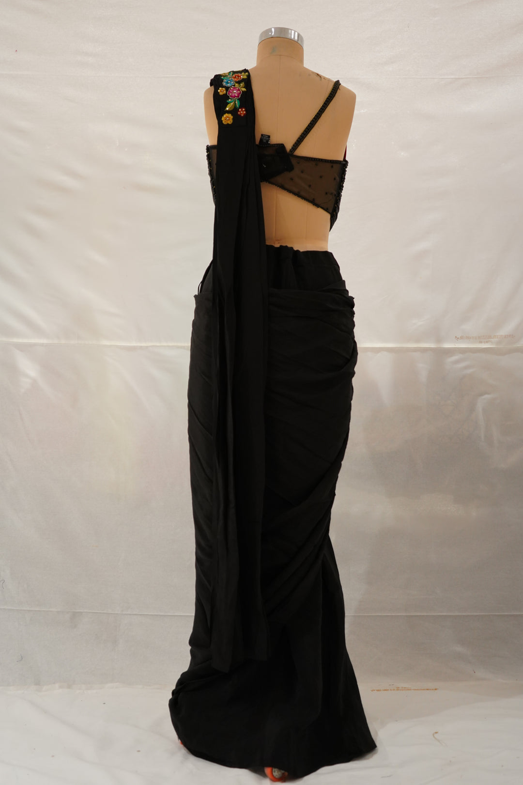 Black Ready to Wear Saree with Floral Embroidered Designer Border