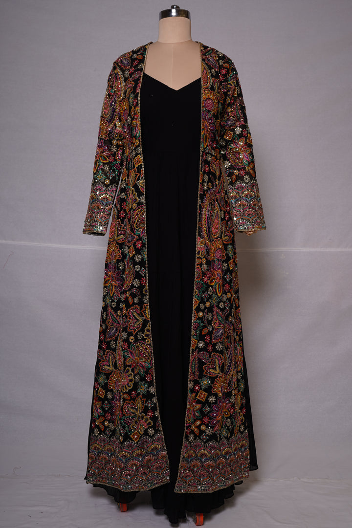 Black Embroidered Jacket Style Gown Set