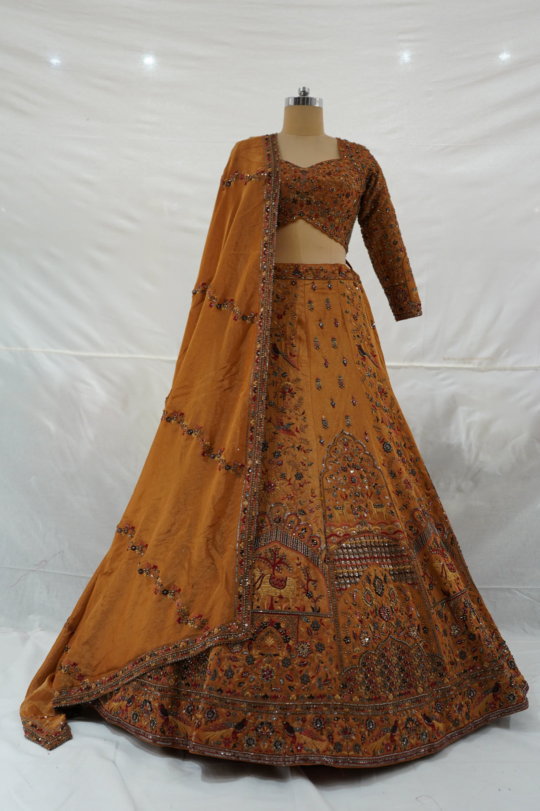 Mustard Yellow Embroidered Lehenga Set with Full Sleeve Designer Blouse & Dupatta