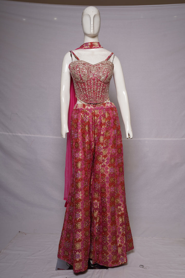 Rani Pink Printed Palazzo Set with Embroidered Corset Top