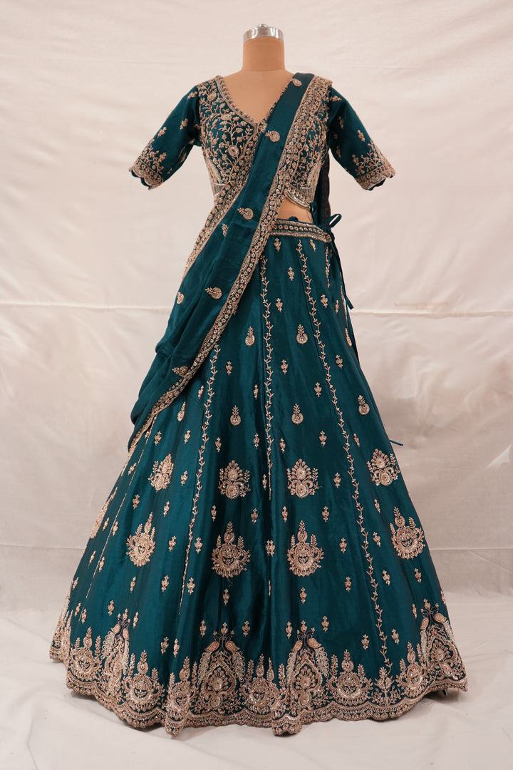 Teal Blue Embroidered Lehenga Set with Designer Blouse & Dupatta