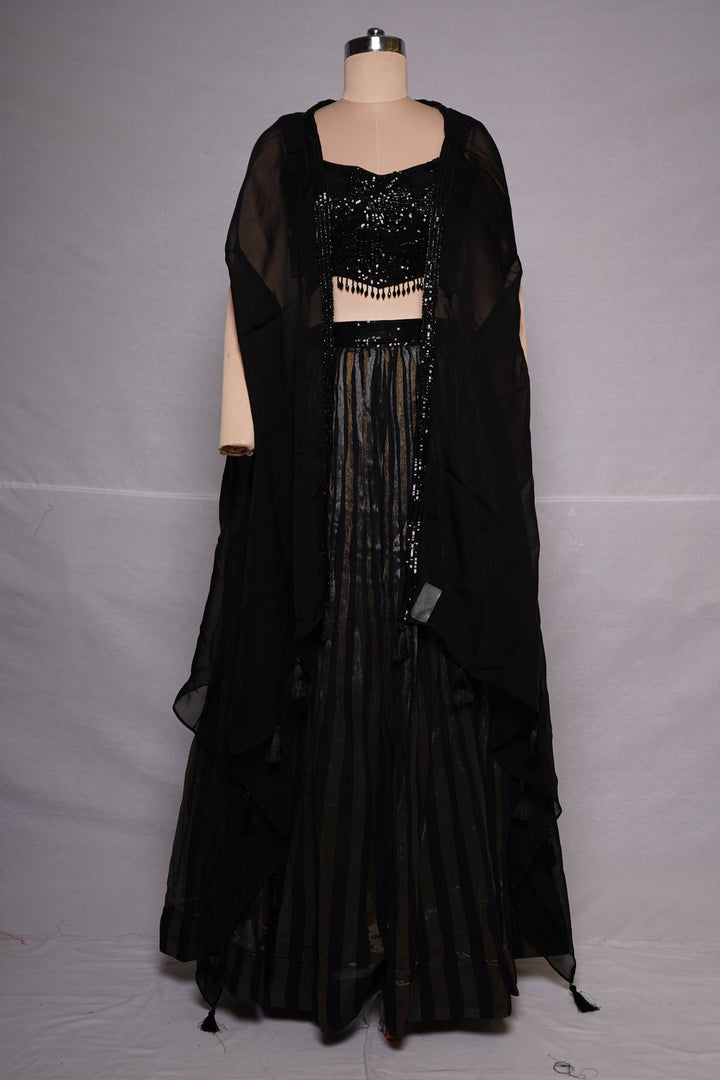 Black Striped Palazzo Set with Sequin Blouse & Cape
