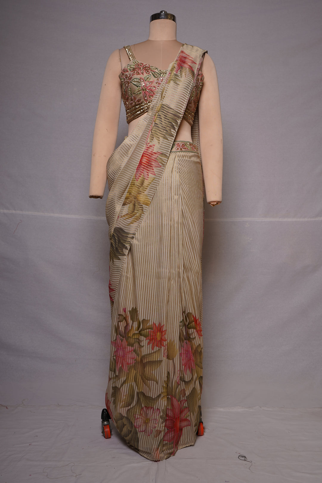 Beige Floral Ready-to-Wear Saree with Embroidered Blouse