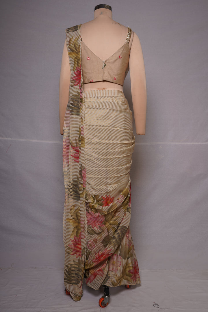 Beige Floral Ready-to-Wear Saree with Embroidered Blouse