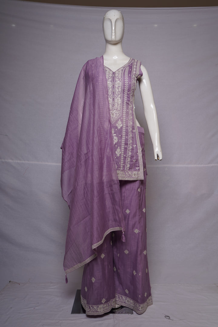 Lilac Embroidered Kurta Palazzo Set with Dupatta