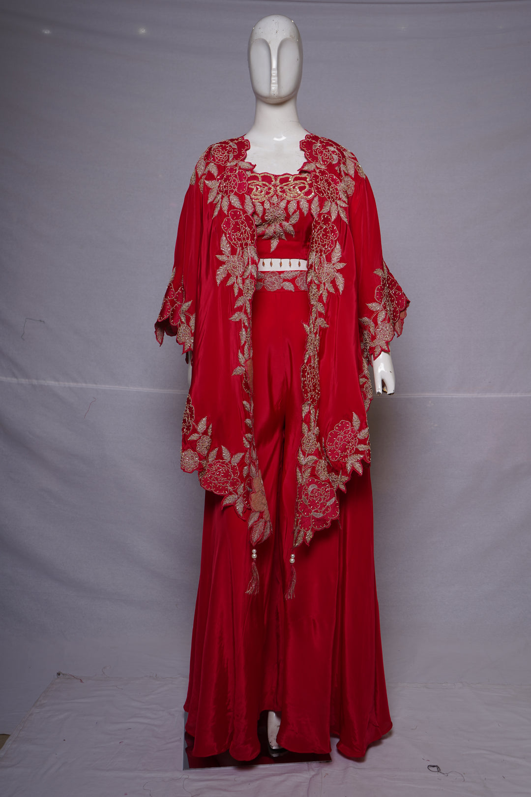 Crimson Red Palazzo Set with Embroidered Cape