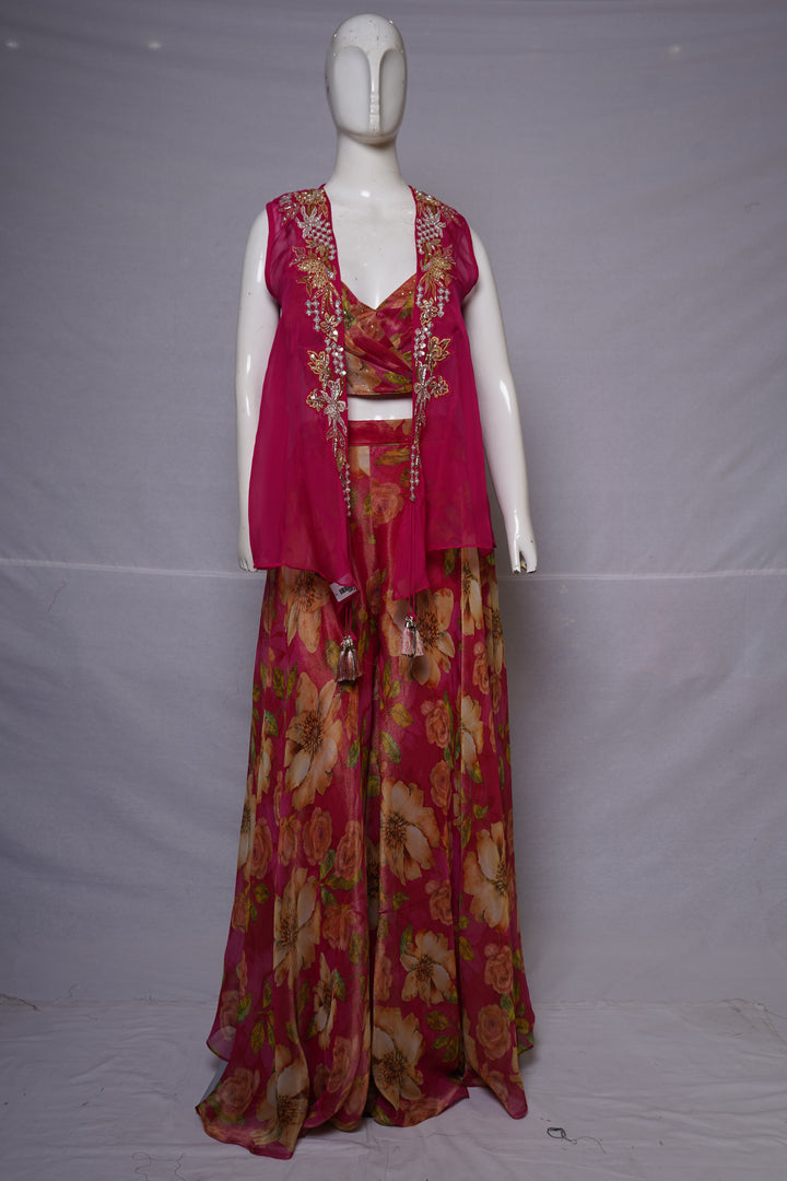 Fuchsia Floral Printed Palazzo Set with Embroidered Cape