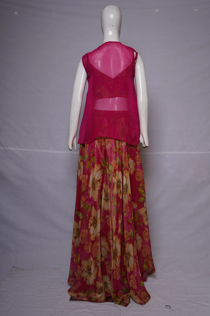 Fuchsia Floral Printed Palazzo Set with Embroidered Cape
