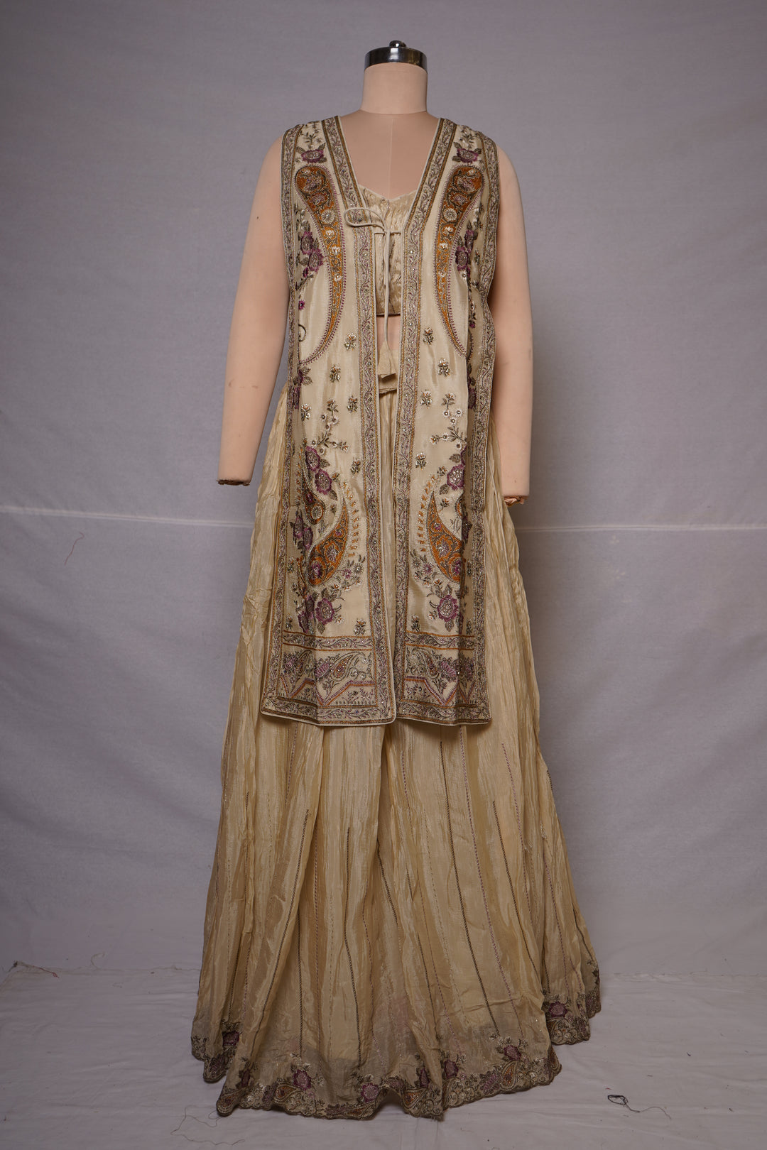 Champagne Embroidered Jacket Style Sharara Set with Crop Top