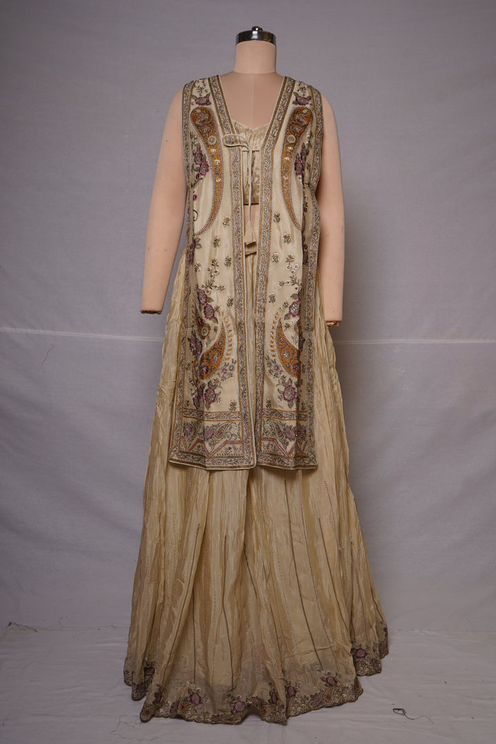 Champagne Embroidered Jacket Style Sharara Set with Crop Top