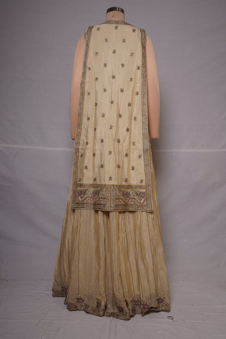 Champagne Embroidered Jacket Style Sharara Set with Crop Top